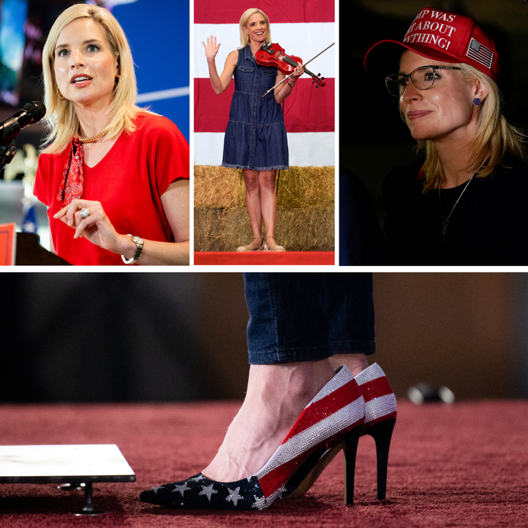Collage of four photographs showing Ashley Hinson in different campaign settings. In one image, she speaks at a lectern wearing a bright red top and patterned neck scarf. Another shows her in a sleeveless denim dress holding a violin in front of a large US flag. A third shows her wearing glasses and a red baseball cap with white lettering. The final close-up image shows a pair of high-heeled shoes decorated with the stars and stripes of the US flag.
