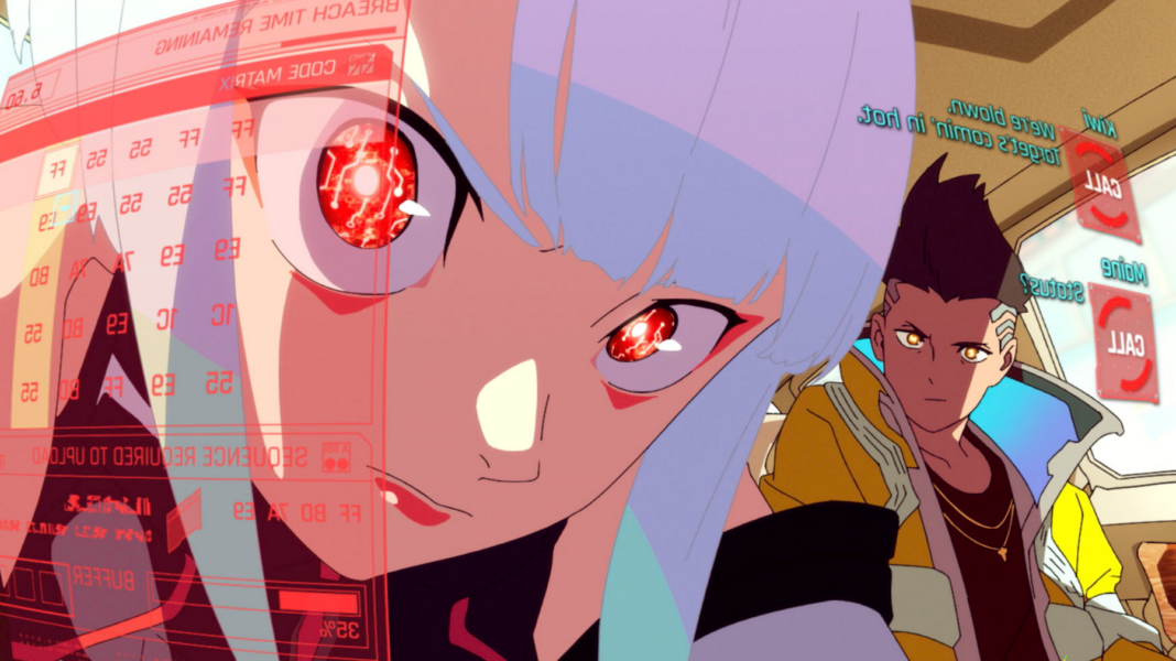 A still from Cyberpunk: Edgerunners shows a female character with bright white hair styled in a bob inside a vehicle. She's leaning in closely to a holographic screen. Her eyes have red pupils filled with glowing circuits. Behind her, a passenger with high-top brown hair and a yellow jacket with an oversized collar looks on.