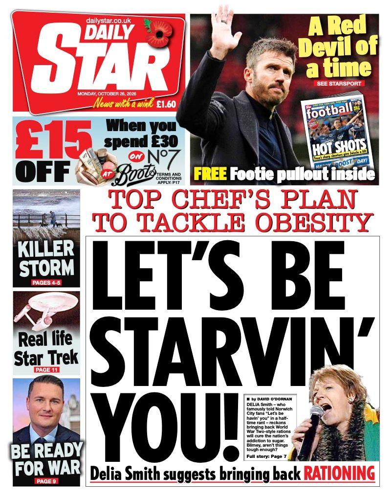 The headline on the front page of the Daily Star reads: "Let's be starvin' you!".