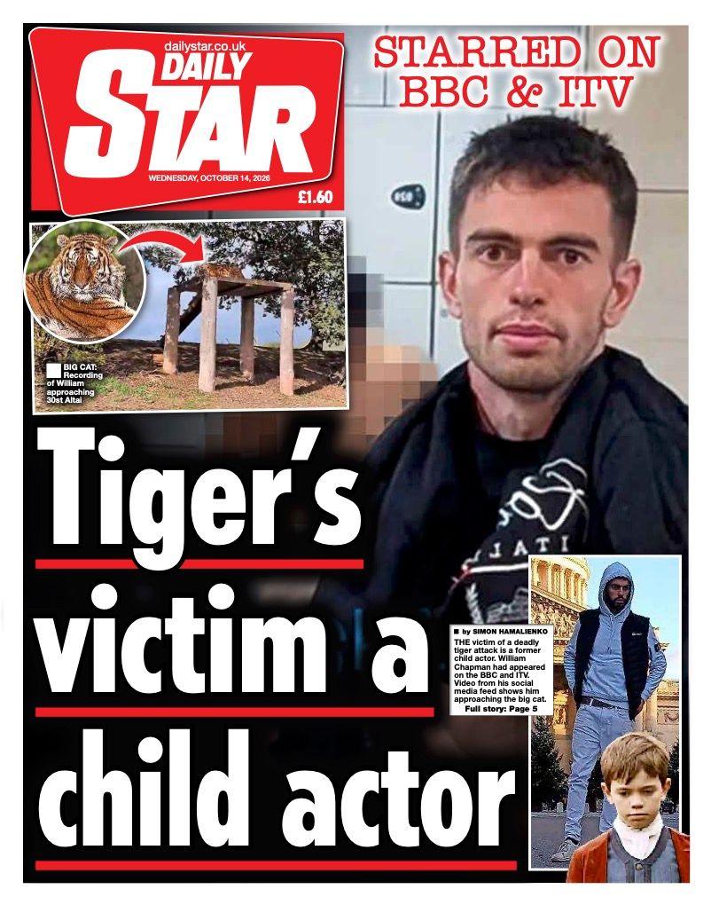 "Tiger's victim a child actor" reads the headline on the front page of the Daily Star.