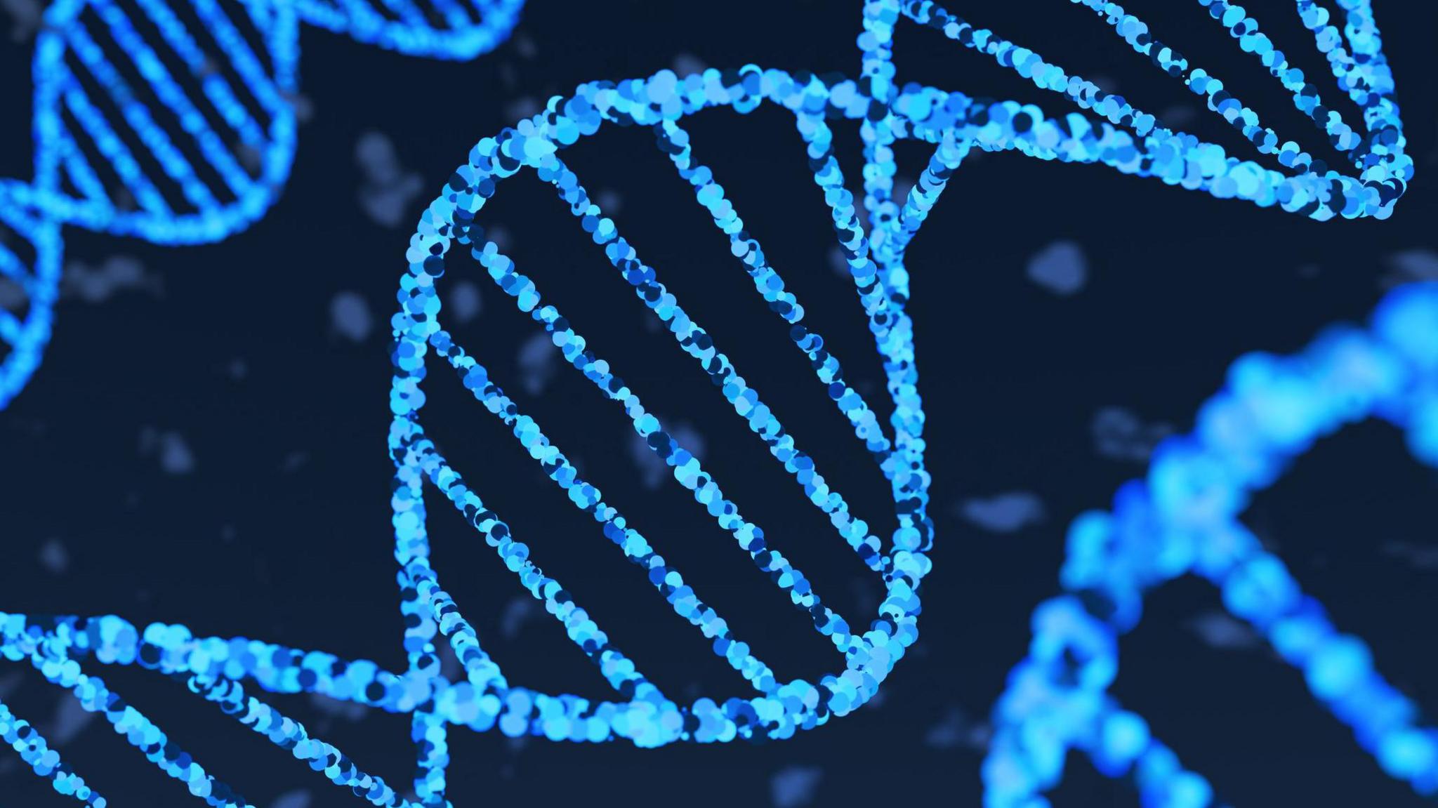 An illustration of neon-glowing blue DNA strands floating in black fluid