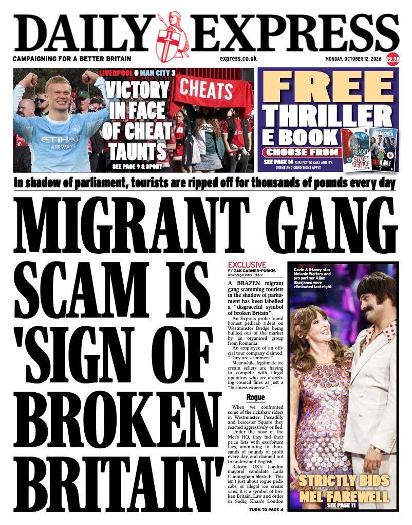 "Migrant gang scam is 'sign of broken Britain'," reads the headline on the front page of the Daily Express.