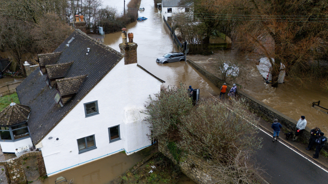 Aerial view of flooding from Storm Chandra in the hamlet of Weycroft on January 27, 2026 in Axminster, England