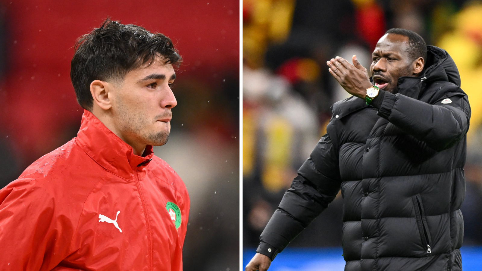 A composite image made up of, on the left, Brahim Diaz shown from chest up wearing a red Morocco zip-up tracksuit top and biting his bottom lip as he tries to hold back tears after the 2025 Afcon final and, on the right, Pape Thiaw shown from waist up in a thick black puffer jacket curving his left arm in a beckoning gesture as he calls his players off the pitch during the final