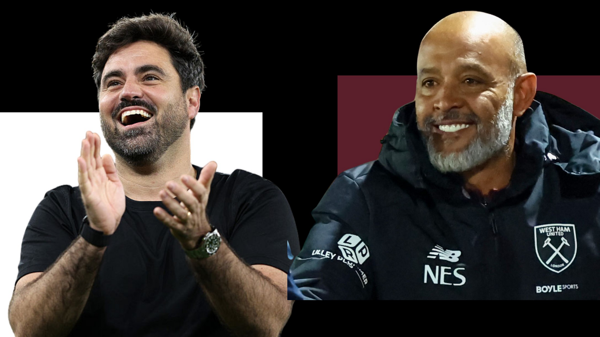 Composite image of Vitor Matos of Swansea smiling and clapping and West Ham's Nuno Espirito Santo grinning