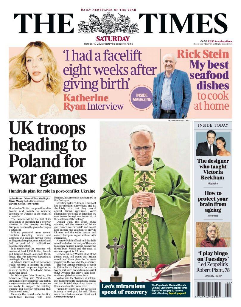 The headline on the front page of the Times reads: “UK troops heading to Poland for war games”.