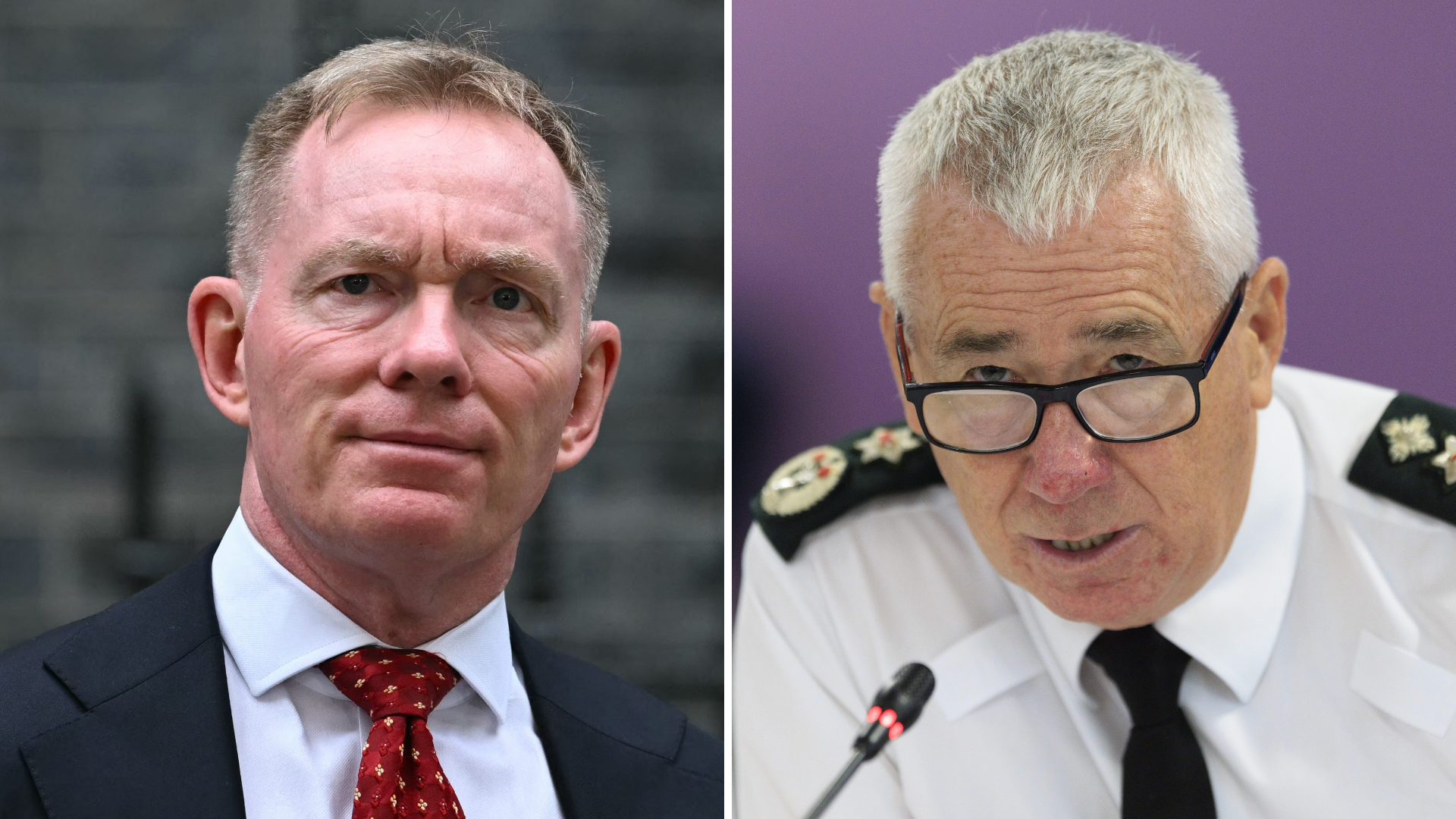 A composite showing two photos next to each other. Sir Chris Bryant is on the left. He's outside and has a suit on with a white shirt and red tie. Jon Boutcher is on the right. He's wearing glasses and has lapels on the shoulders of his white shirt. He has a black tie on and is sitting in front of a mic.