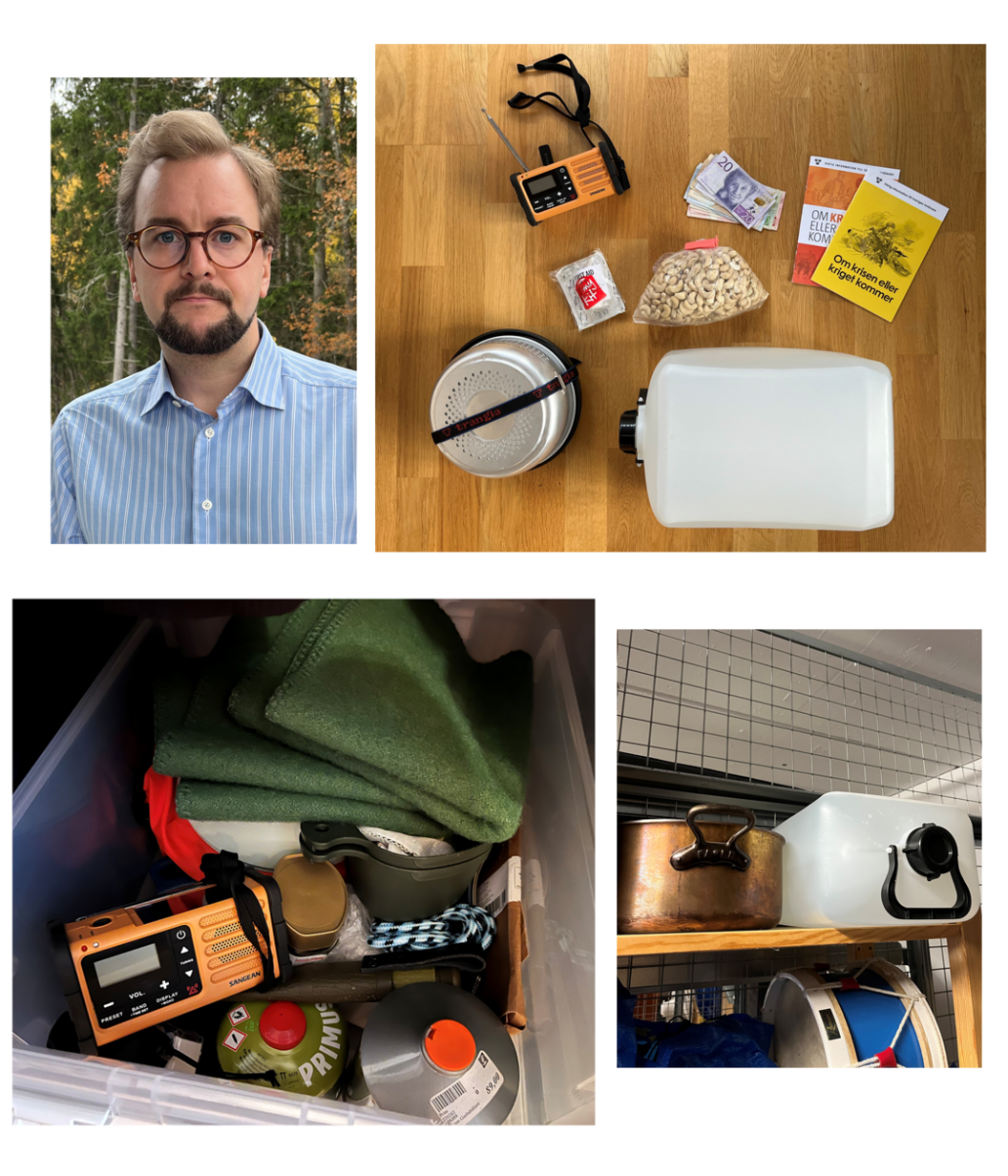 Pictures of Andreas Wennerberg and his emergency supplies