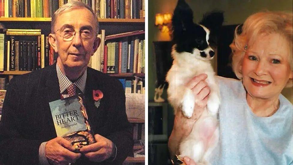 Two images edited together with a white central border separating them. An elderly man on the left is holding a book and is smartly dressed. An elderly woman wearing a blue top and holding a small dog is smiling on the right.