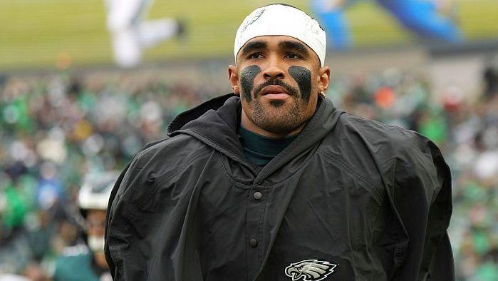 Philadelphia Eagles quarterback Jalen Hurts looks on, with black daubing on each cheek, during his team's defeat by the Los Angeles Rams on 4 October 2026
