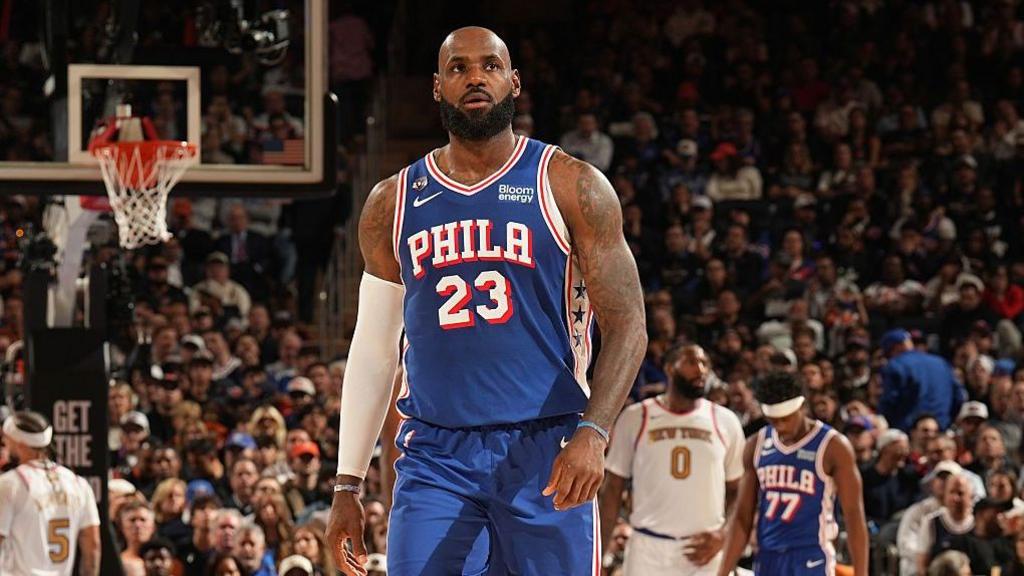 LeBron James #23 of the Philadelphia 76ers looks on during the game against the New York Knicks on October 20, 2026 at Madison Square Garden
