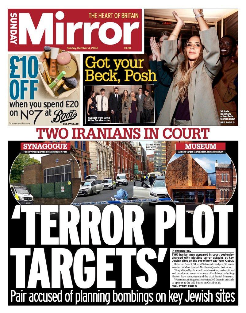 The headline on the front page of the Sunday Mirror reads: 'Terror plot targets.'