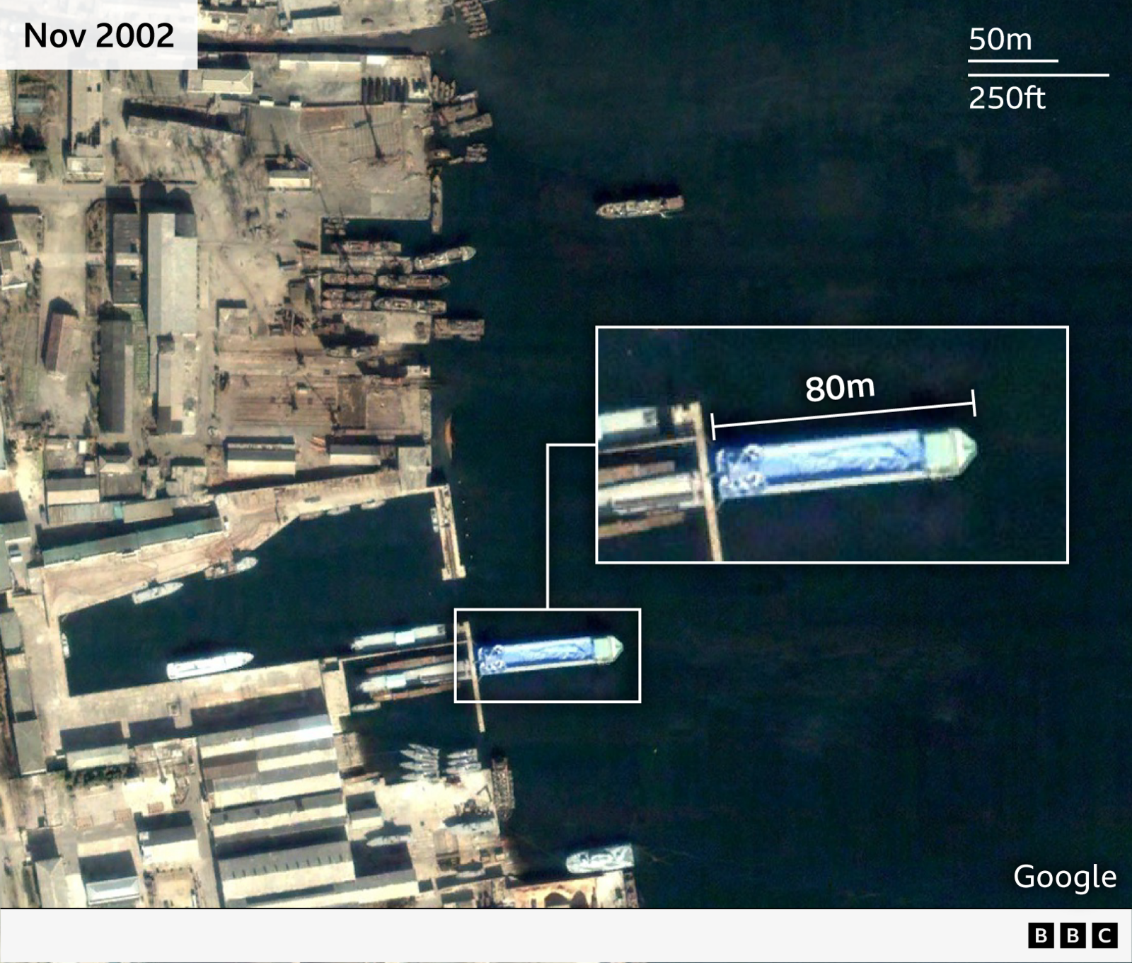 A satellite image taken in November 2002 showing an 80-metre-long vessel anchored off Wonsan.