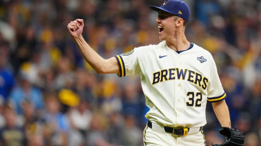 The Milwaukee Brewers' starting pitcher Jacob Misiorowski celebrates