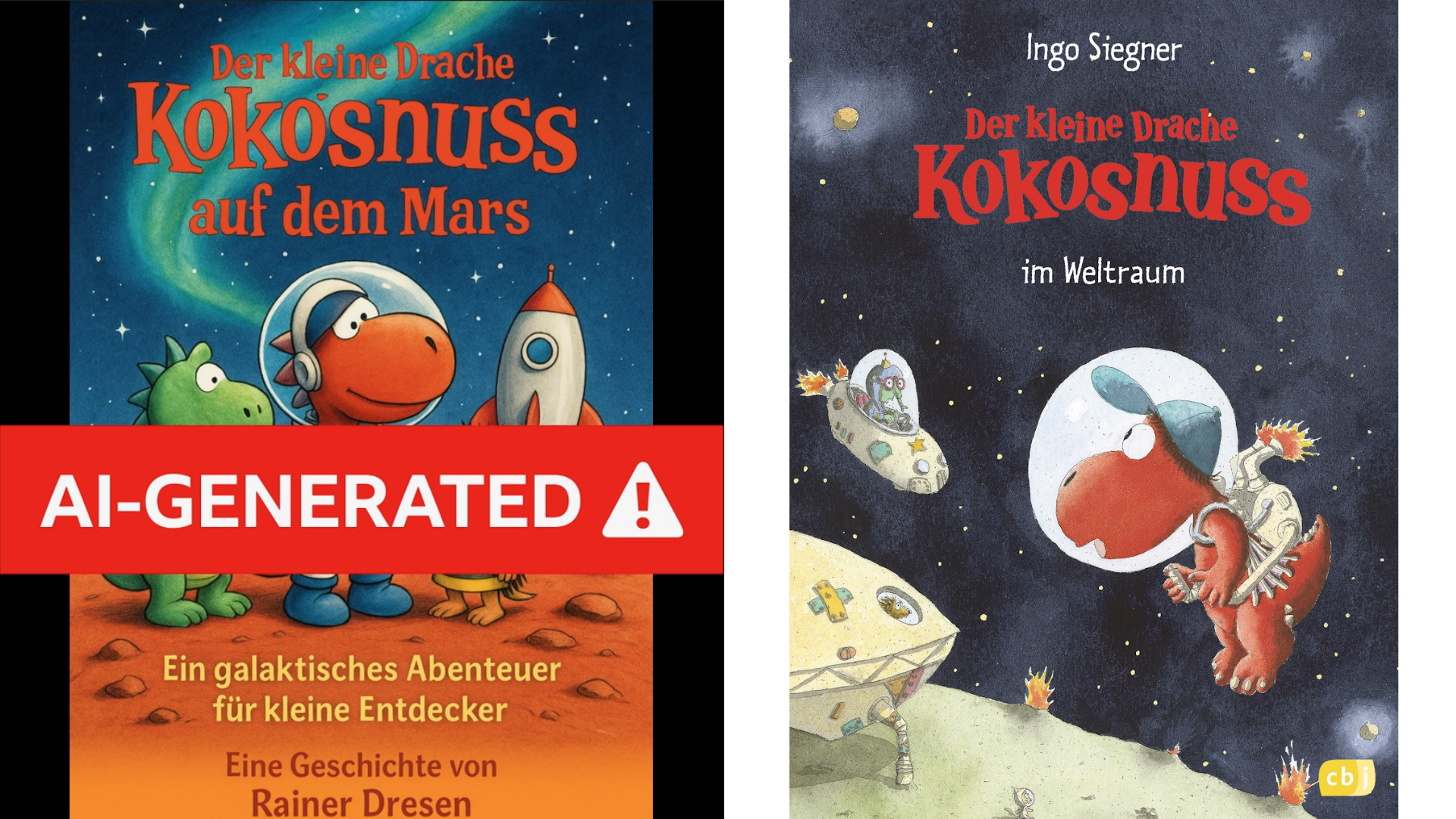Two covers of Coconut the dragon, one on the left created by AI the other the original illustration