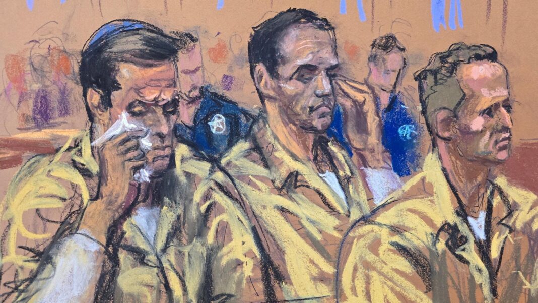 Alexander brothers each sentenced to 30 years in prison in sex trafficking case A court sketch shows real estate brokers Oren and Tal Alexander and their brother Alon in yellow prison unifoprms sitting in court. The brother on the left side is wiping a tear with a tissue.