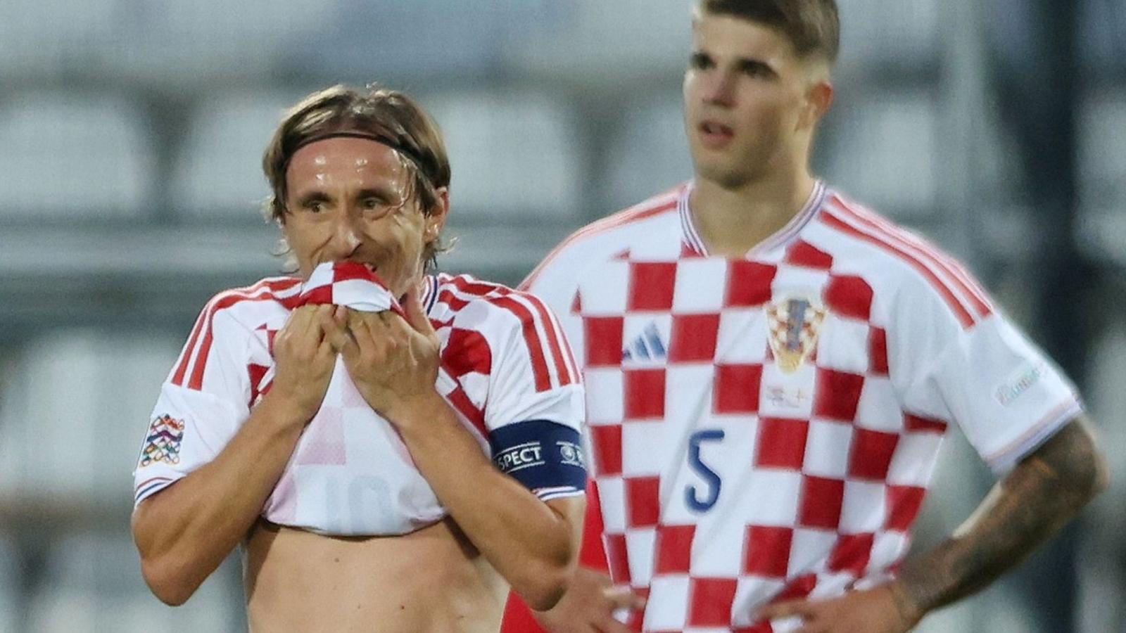 Luka Modric looks dismayed during Croatia's 7-0 defeat to England in Rijeka