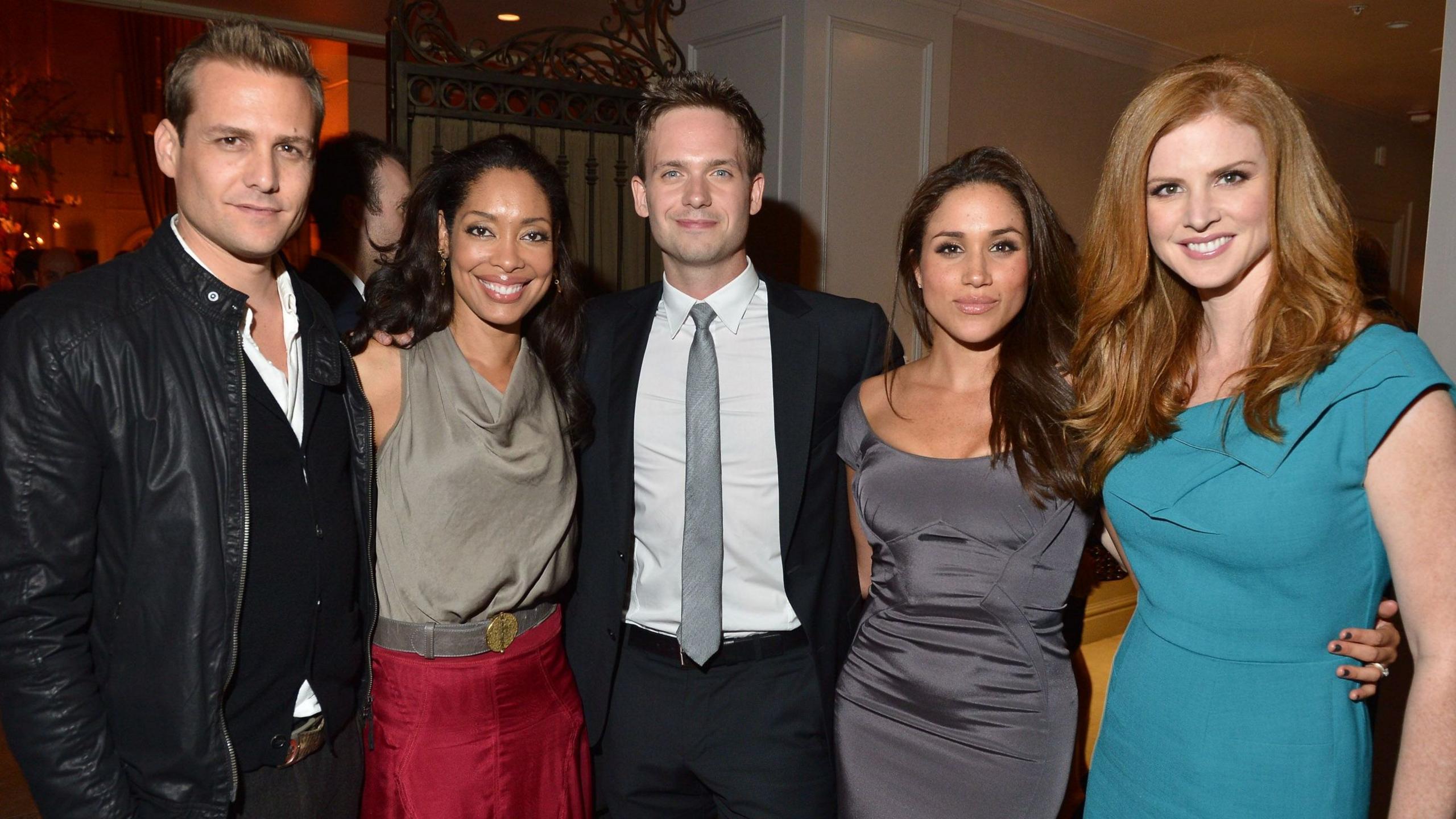 Gabriel Macht, Gina Torres, Patrick J. Adams, Meghan Markle and Sarah Rafferty attend the InStyle and Hollywood Foreign Press Association's Toronto International Film Festival Party at Windsor Arms Hotel on September 11, 2012 in Toronto, Canada.