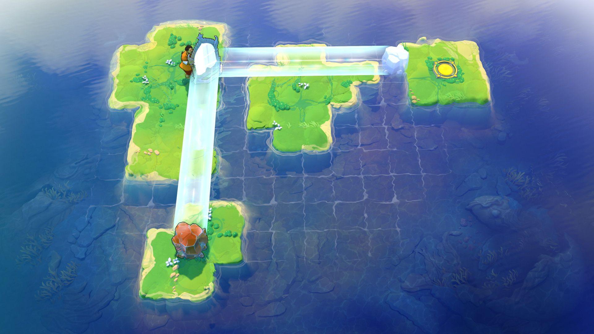 An in-game screenshot of Order of the Sinking Star, showing four green islands on a grid system in blue water. A mirror is in the corner of the top left island, and from it is a blue reflection path. A character is standing by the mirror.