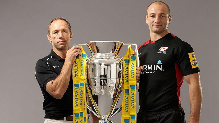 Brendan Venter poses with the Premiership trophy alongside Steve Borthwick
