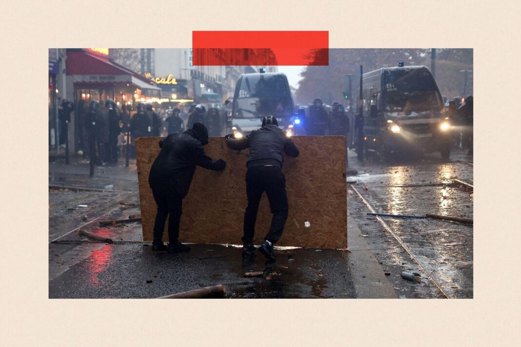 Europe’s youth take to the streets – they feel locked out of a promising future Protesters taking cover behind a plywood board face off with French gendarmes amid clashes during demonstration organised by labour unions in Paris as part of nationwide protests called by the "Yellow Vests" movement joined by French high school and university students against the cost of living and rising fuel prices, in France.