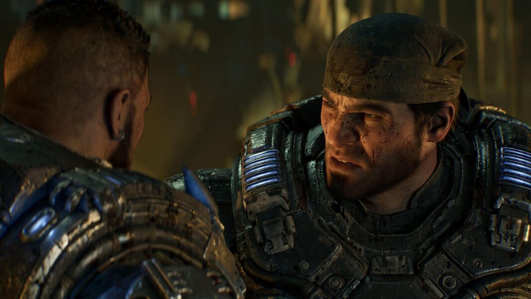 Xbox bets on Gears of War in battle of gaming giants Gears of War character Marcus Fenix wears a bandanna and heavy futuristic armour. The CGI character has a cropped beard and blood-spattered face and looks seriously at another of the game's characters, seen from behind.