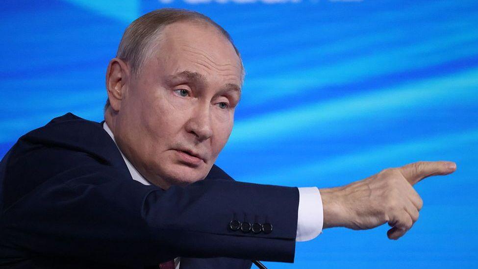 Russian President Vladimir Putin speaks during an annual plenary session of the Valdai Discussion Club, on October 2, 2025 in Sochi, Russia