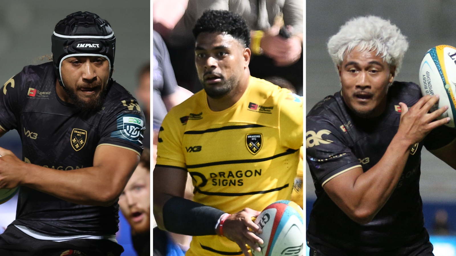 Left to right, Dragons players Anzelo Tuitavuki, Fetuli Paea and Fine Inisi in action