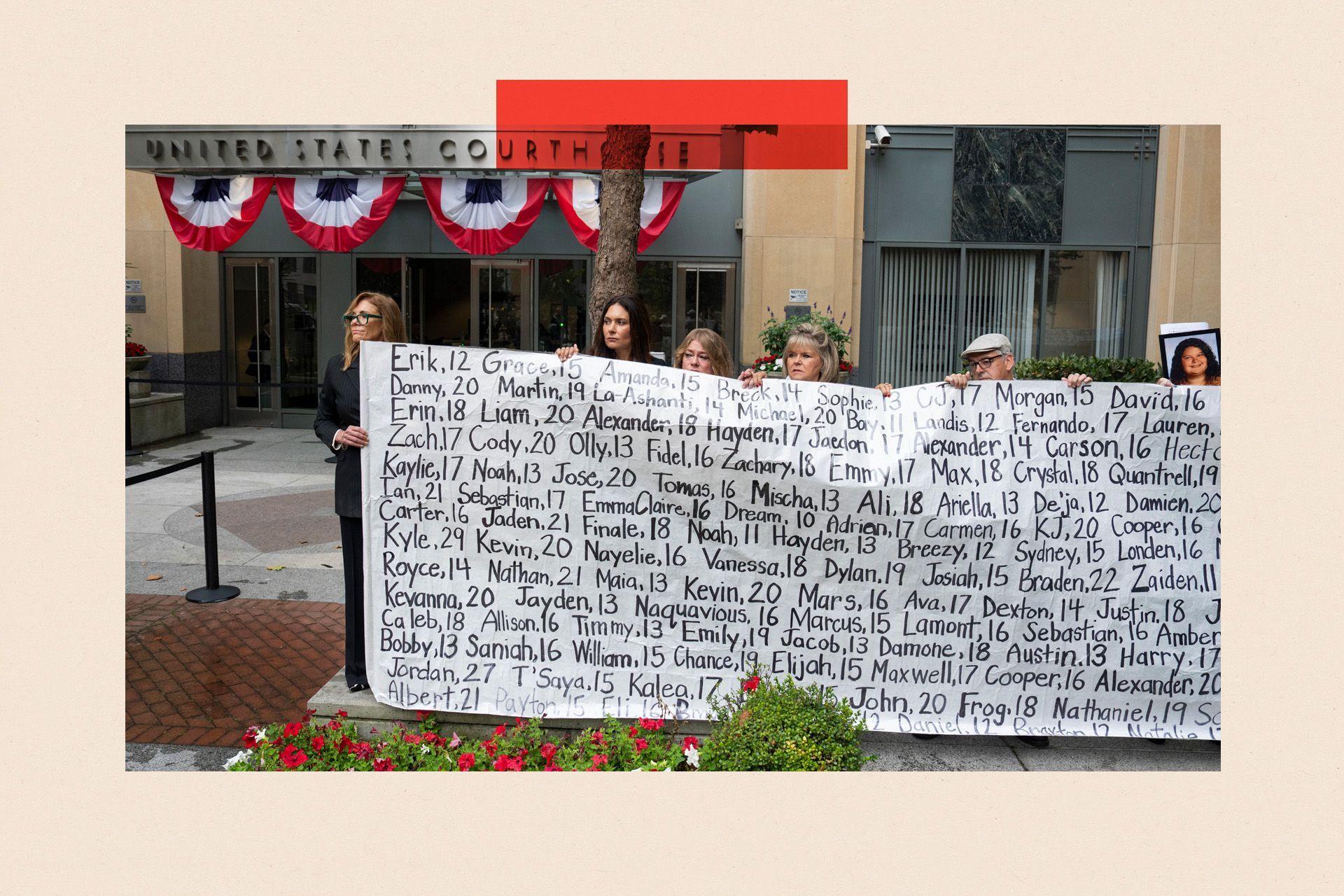 Family members hold a banner with the names of nearly 400 young people who allegedly died from the impacts of social media outside the Ronald V. Dellums Federal Building & United States Courthouse in Oakland, California, on August 18, 2026
