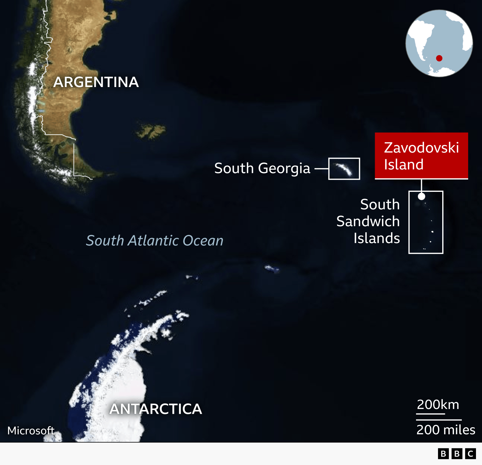 Map showing Zavodovski Island and South Atlantic Ocean