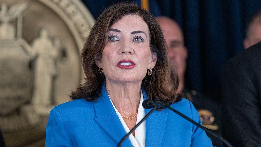 Governor Kathy Hochul speaks to the media.
