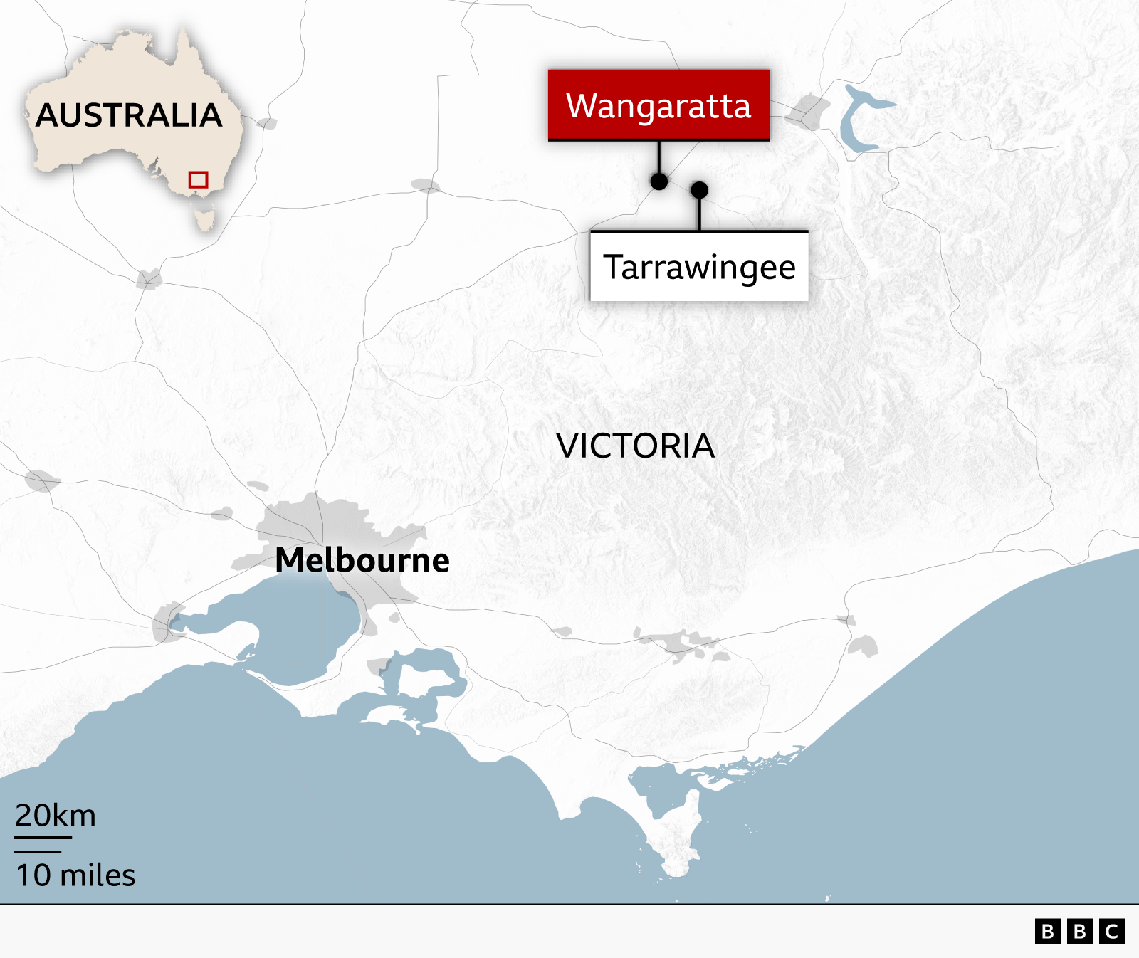 Map of Victoria, Australia, showing the locations of Wangaratta and Tarrawingee in the state's northeast, with Melbourne marked to the south. An inset map highlights the area’s location within Australia.