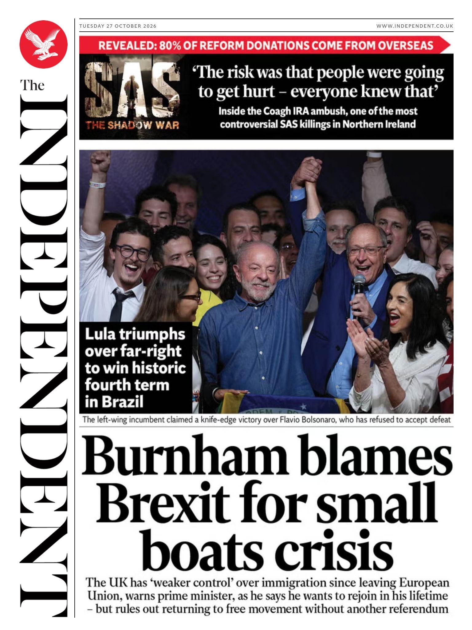 The headline on the front page of the Independent reads: “Burnham blames Brexit for small boats crisis”.