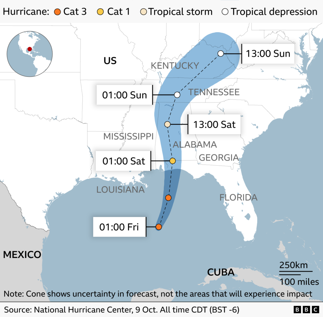 This graphic shows the forecasted path of Hurricane Isaias from Friday through Sunday. A cone projects it making landfall on the coast of Alabama before tracking north into the mainland US.