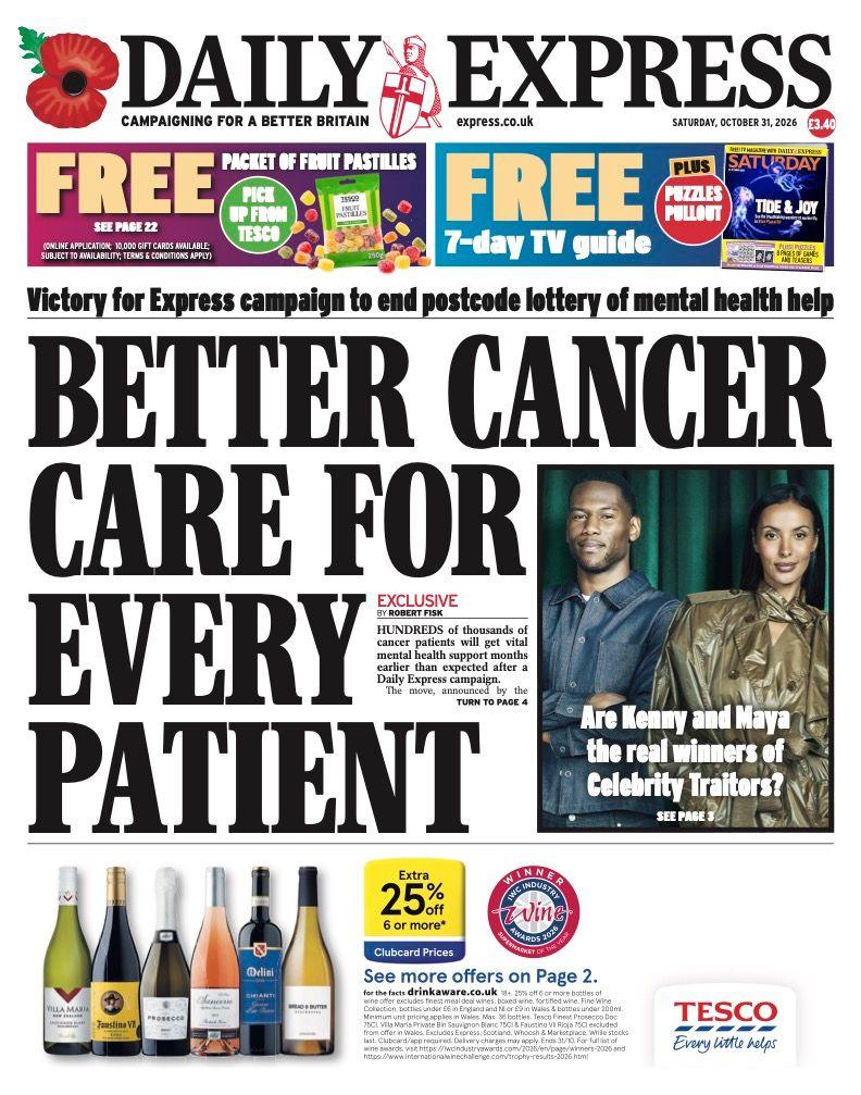 The headline on the front page of the Daily Express reads: "Better cancer care for every patient".