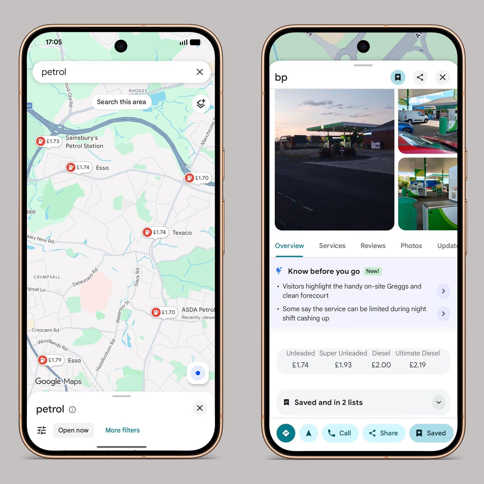 Two phone screens. On the left, a Google Maps view of part of Manchester with several icons displaying petrol pumps and prices beside them ranging from £1.70 to £1.74. On the right, a close up of a BP garage with prices listed underneath for different fuel types.