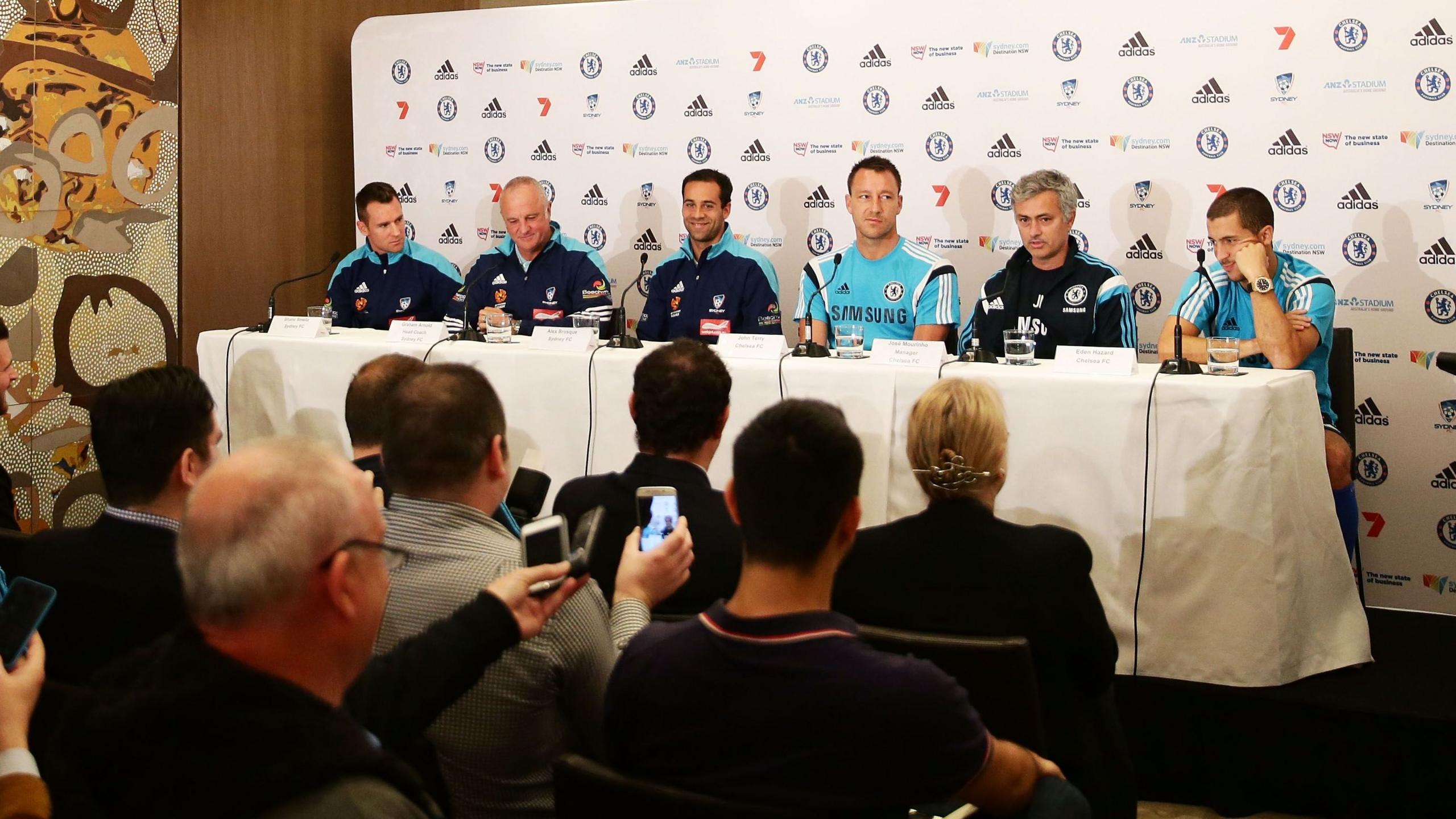 John Terry, Jose Mourinho and Eden Hazard of Chelsea attend a news conference in Sydney in May 2015
