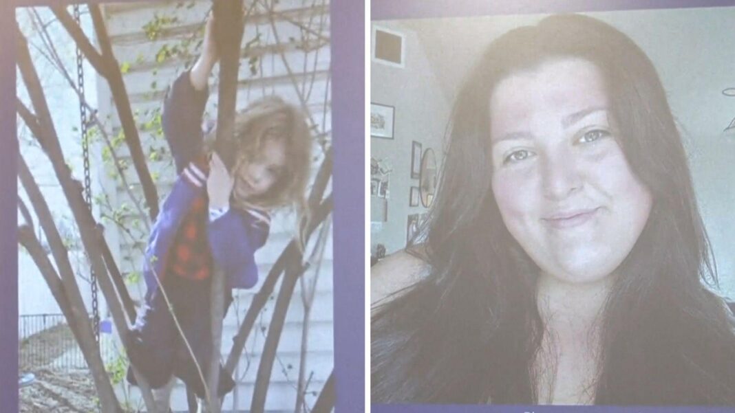 A side-by-side image shows two people. On the left, a little boy in a blue jacket is climbing a tree and on the right, a woman smiles.