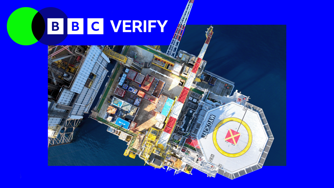 An aerial view of the Jackdaw site inside a blue Verify frame