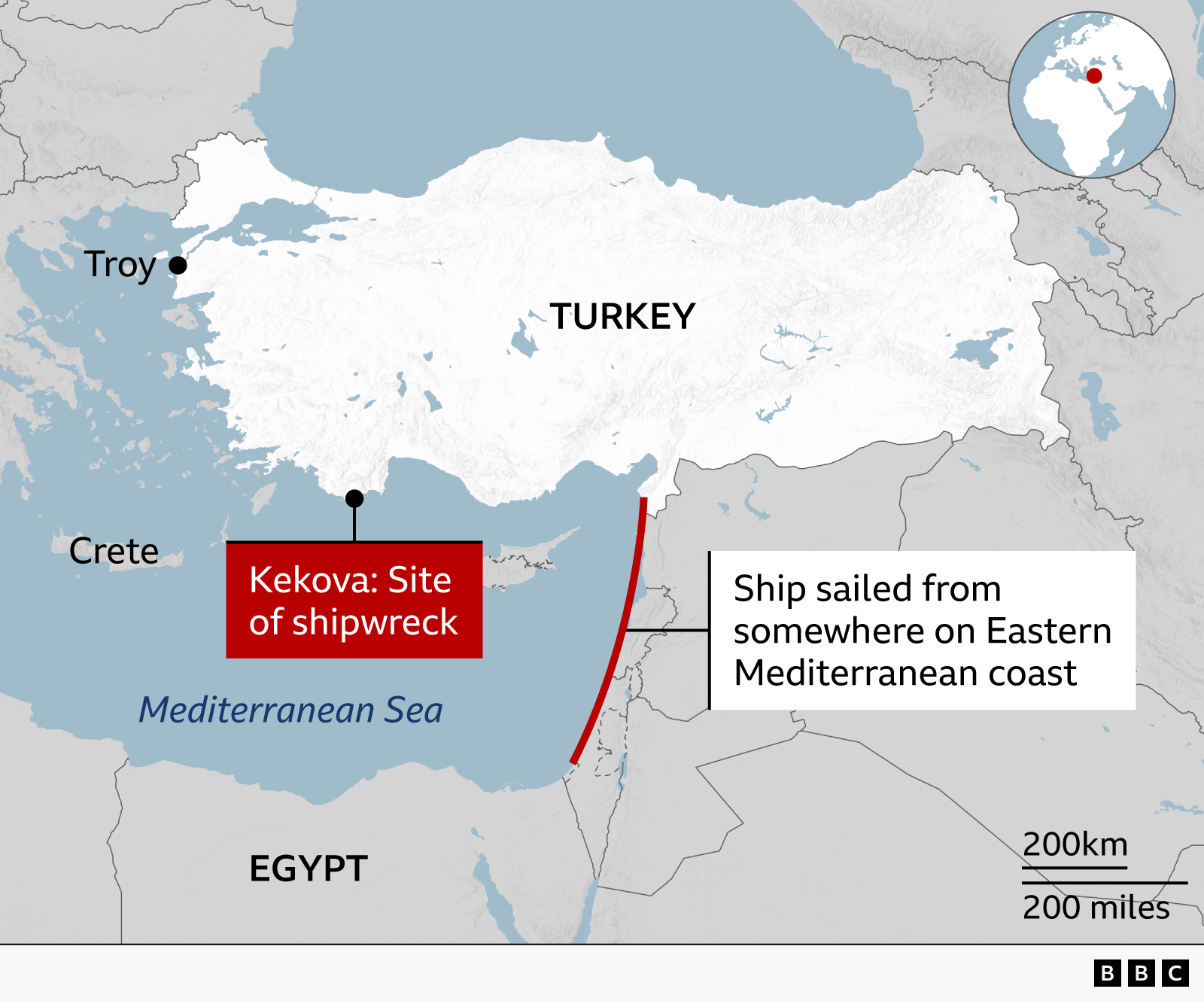 Map graphic showing Europe, Middle East and Africa. The start of the voyage is labelled on the coast of the Mediterranean Sea, Kekova Island is labelled - it is on the south coast of Turkey, Troy is labelled, which is in northwest Turkey and Crete in southern Greece. The indicates a possible route the ship took from the Mediterranean coast to Kekova Island, and then its possible destinations of either Troy or Crete.