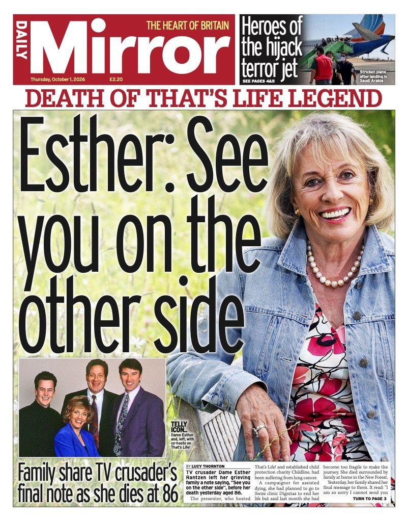 The headline on the front page of the Daily Mirror reads: “Esther: See you on the other side”.
