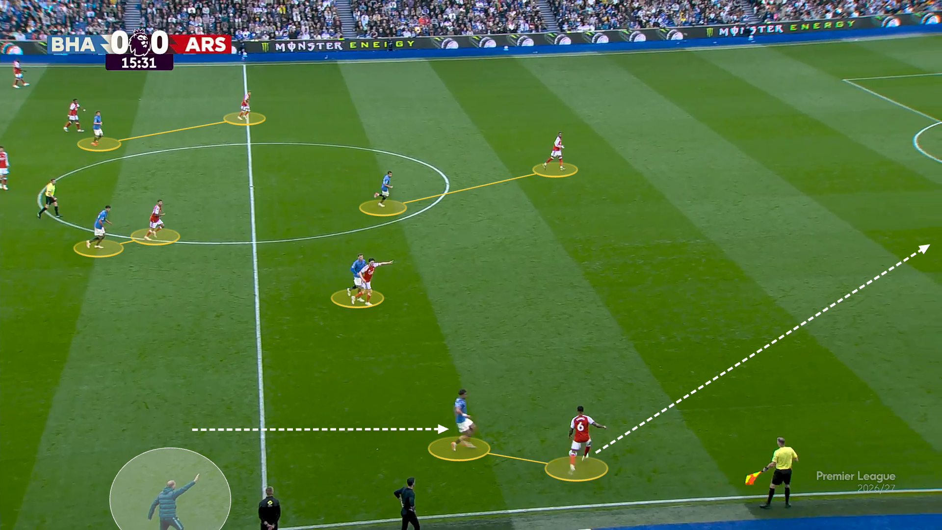 Screen grab showing Brighton's switch from a zonal defensive shape to a man-to-man press.