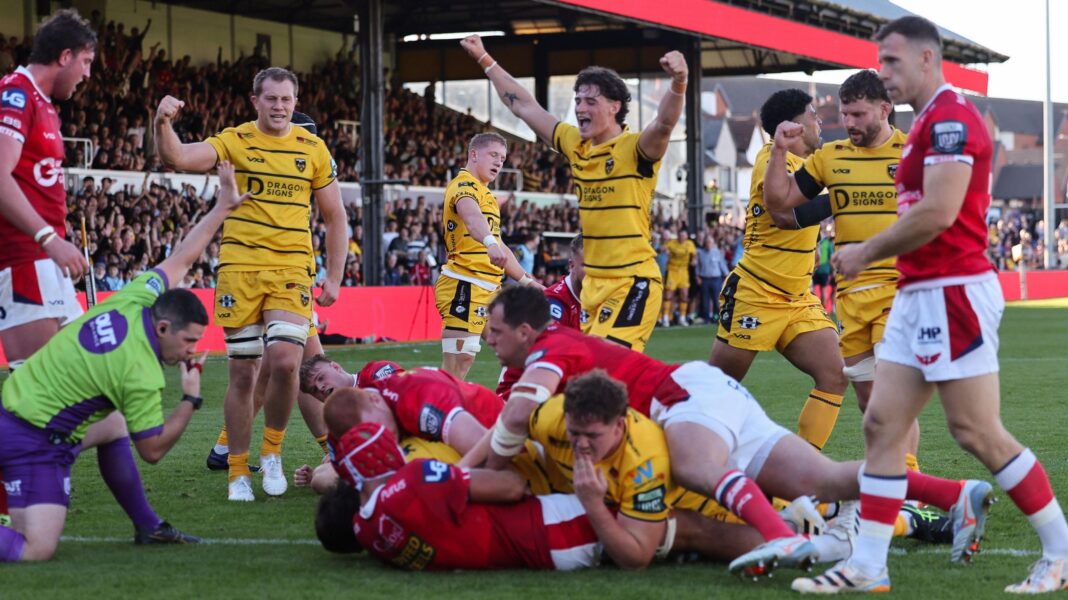 The referee in green and blue blows his whistle alongside a pile of red shirted Scarlets and amber wearing Dragons player on the line as Robert Hunt is awarded a try with other Dragons players celebrating