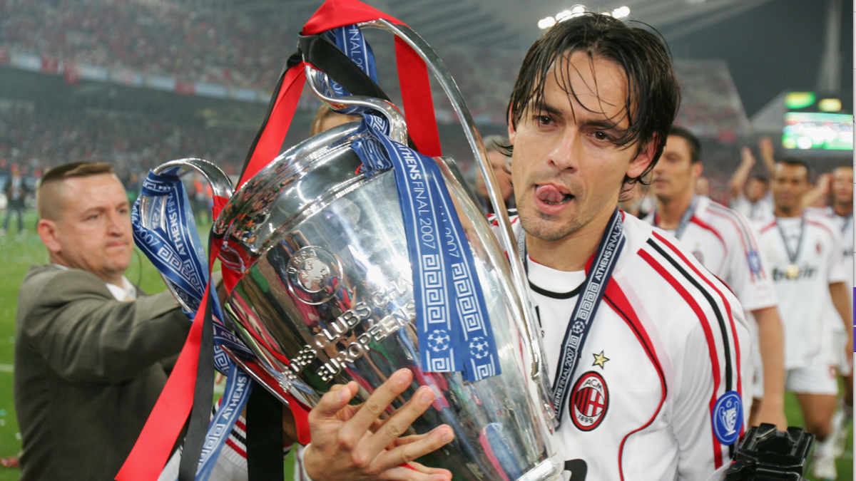 AC Milan's Filippo Inzaghi celebrates with the trophy after his team's victory over Liverpool in the 2007 Champions League final