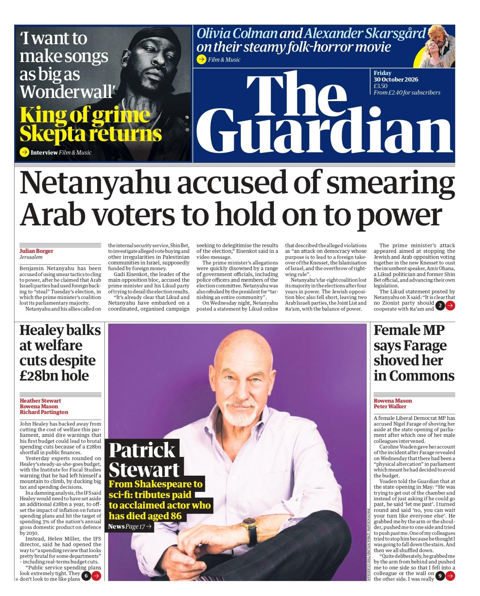 "Netanyahu accused of smearing Arab voters to hold on to power," reads the headline on the front page of the Guardian.