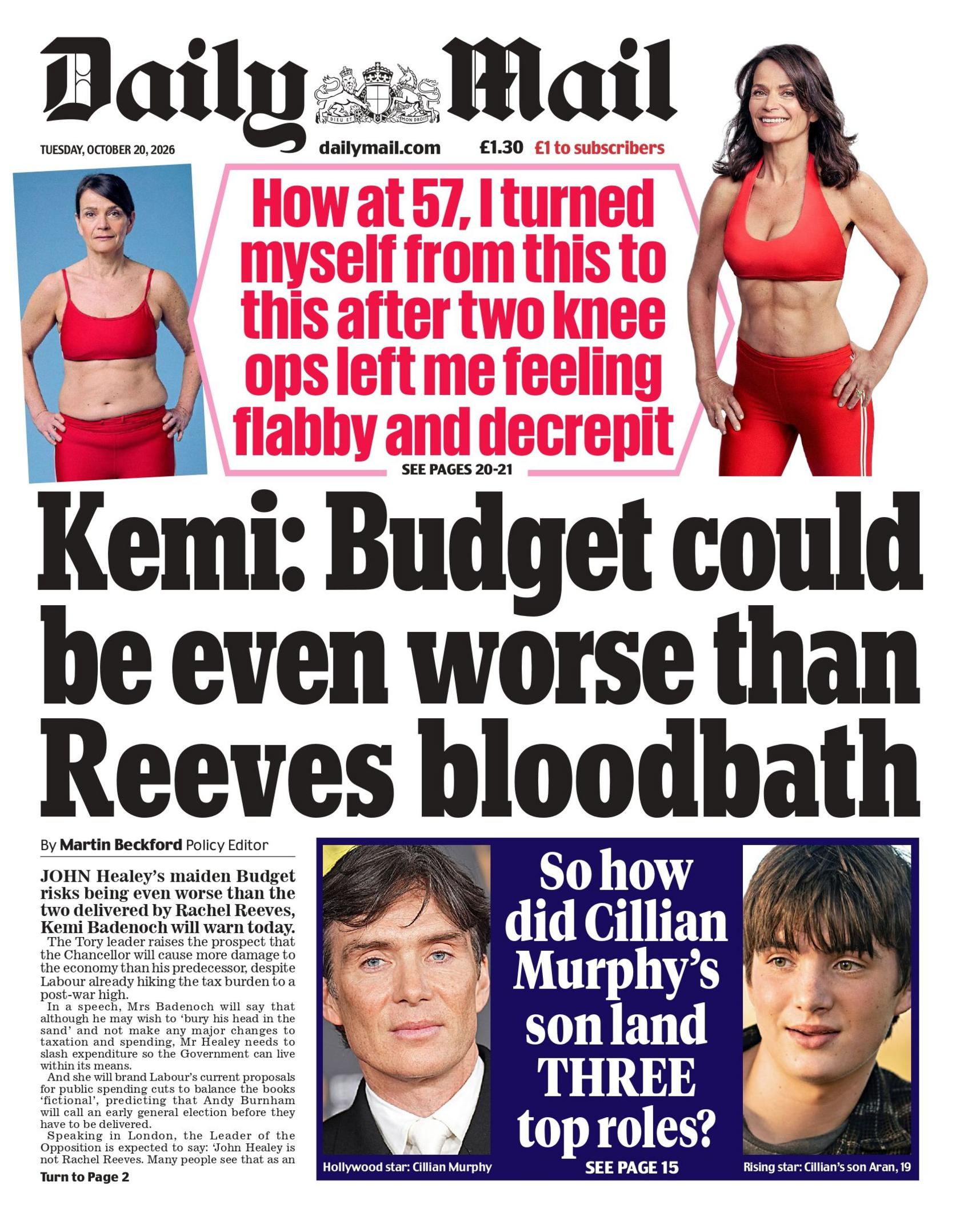 "Kemi: Budget could be even worse than Reeves bloodbath," reads the headline on the front page of the Daily Mail.
