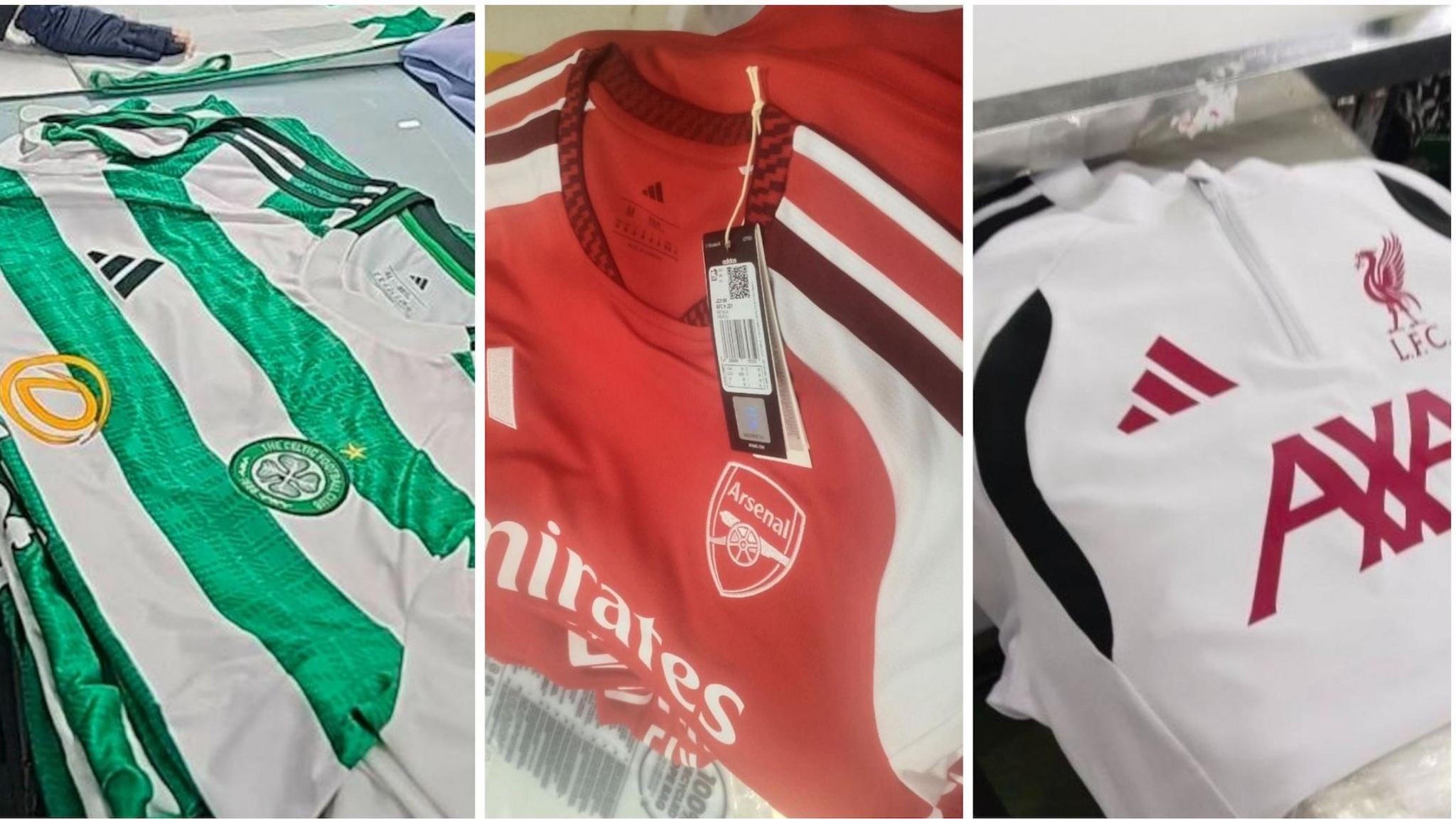 Photos of a Celtic shirt, an Arsenal shirt and a Liverpool training top inside Cambodian factories.