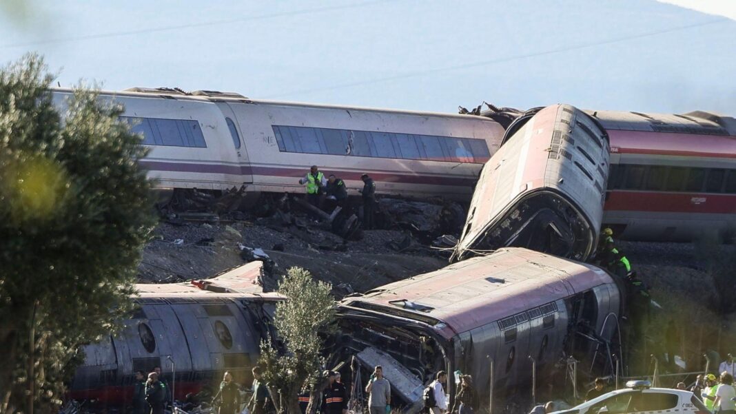 A general view showing the derailed carriages of the two high-speed trains