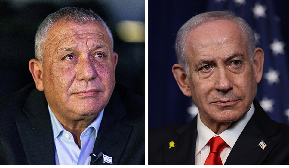 Two men wearing suits look ahead. It is Gadi Eisenkot and Benjamin Netanyahu in a composite image.