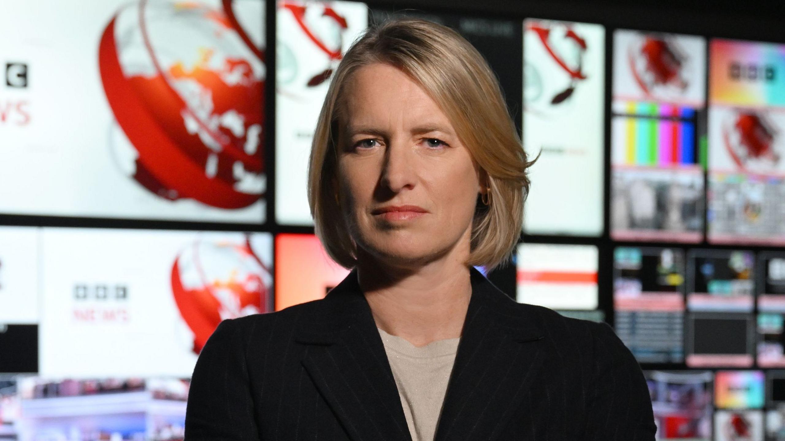 Director of BBC News and Current Affairs Rachel Jupp, pictured in the TV gallery in front of lots of screens